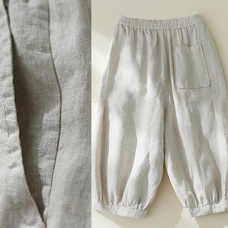 Buddha Stones Commute Pure Color High Waist Women's Cotton Linen Harem Cropped Pants With Pockets - image 15