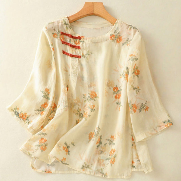 Buddha Stones Plant Printed Crew Neck Frog Button Design Women's Polyester Three Quarter Sleeve Shirt - LemonChiffon - US8-10，UK/AU12-14，EU40-42 (2XL) - image 0