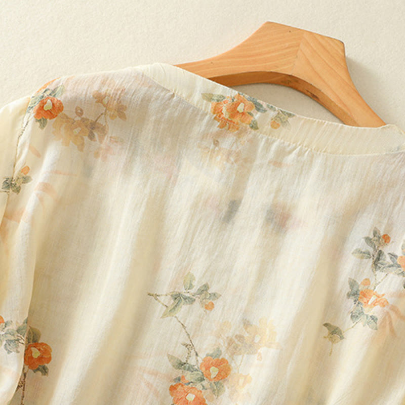 Buddha Stones Plant Printed Crew Neck Frog Button Design Women's Polyester Three Quarter Sleeve Shirt - image 3