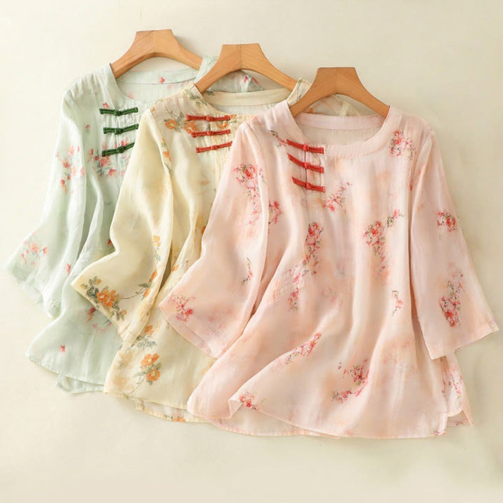 Buddha Stones Plant Printed Crew Neck Frog Button Design Women's Polyester Three Quarter Sleeve Shirt - image 24