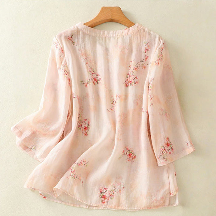 Buddha Stones Plant Printed Crew Neck Frog Button Design Women's Polyester Three Quarter Sleeve Shirt - image 9