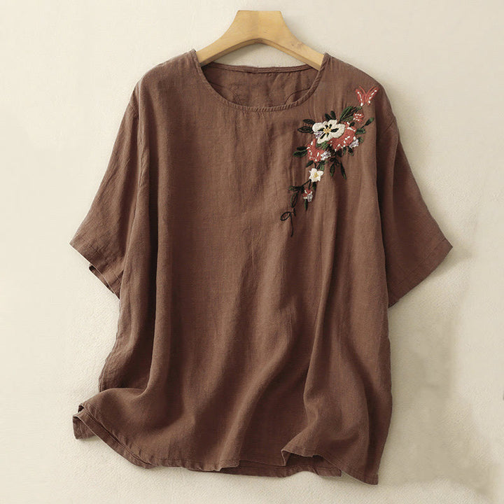 Buddha Stones Casual Summer Embroidered Crew Neck Women's  Cotton Short Sleeve T-shirt - SaddleBrown - US14，UK/AU18，EU46 (2XL) - image 22