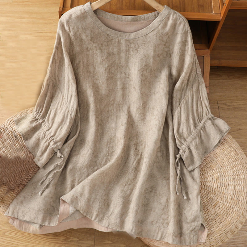 Buddha Stones Casual Retro Solid Color Crew Neck Design Drawstring Half Sleeve Cotton Polyester Midi Dress  - Tan - US14，UK/AU18，EU46 (2XL) - image 0