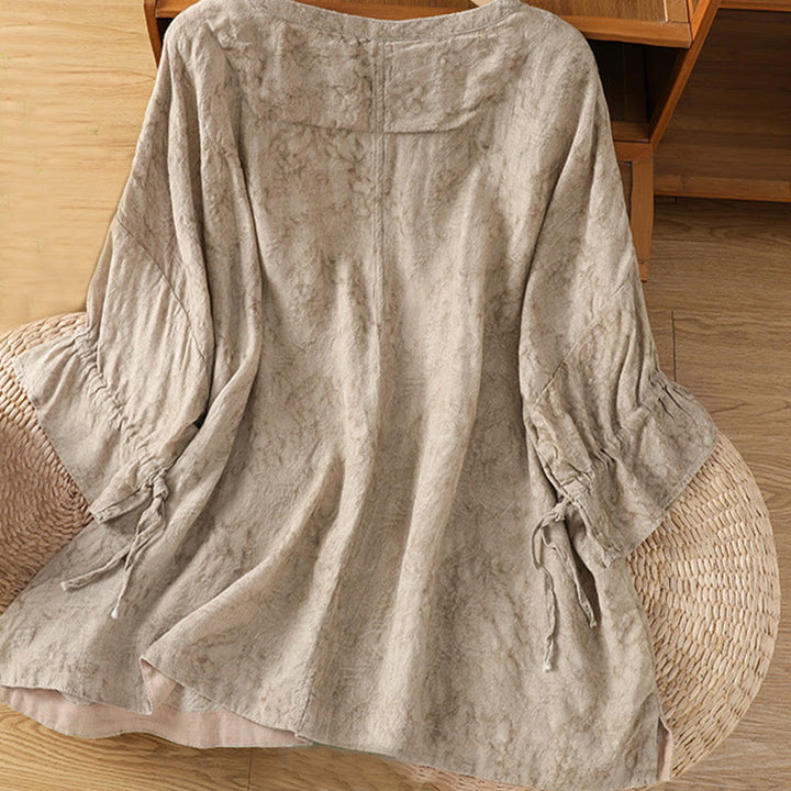 Buddha Stones Casual Retro Solid Color Crew Neck Design Drawstring Half Sleeve Cotton Polyester Midi Dress  - image 1