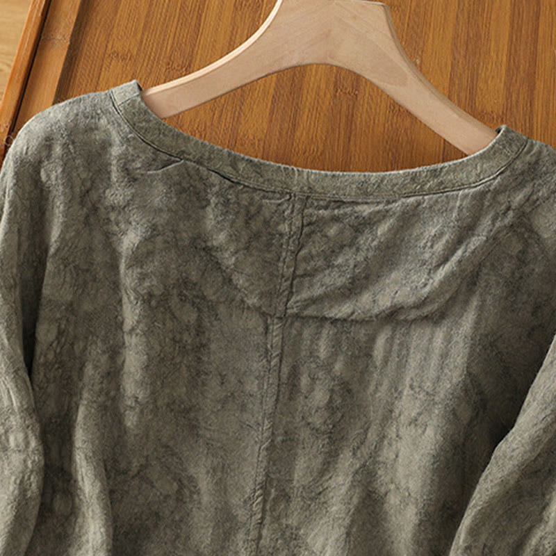 Buddha Stones Casual Retro Solid Color Crew Neck Design Drawstring Half Sleeve Cotton Polyester Midi Dress  - image 14