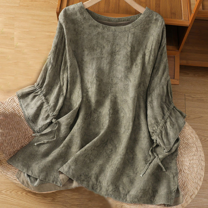 Buddha Stones Casual Retro Solid Color Crew Neck Design Drawstring Half Sleeve Cotton Polyester Midi Dress  - DarkSeaGreen - US14，UK/AU18，EU46 (2XL) - image 9