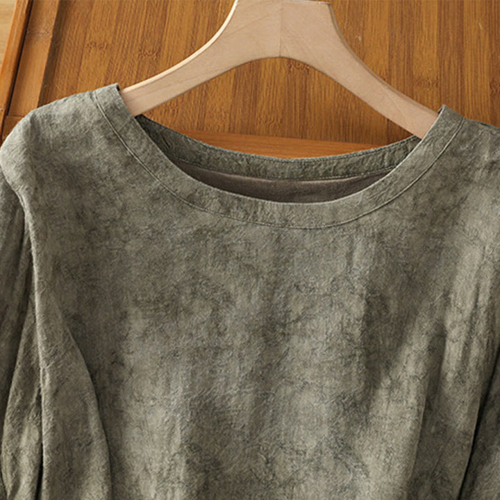 Buddha Stones Casual Retro Solid Color Crew Neck Design Drawstring Half Sleeve Cotton Polyester Midi Dress  - image 13