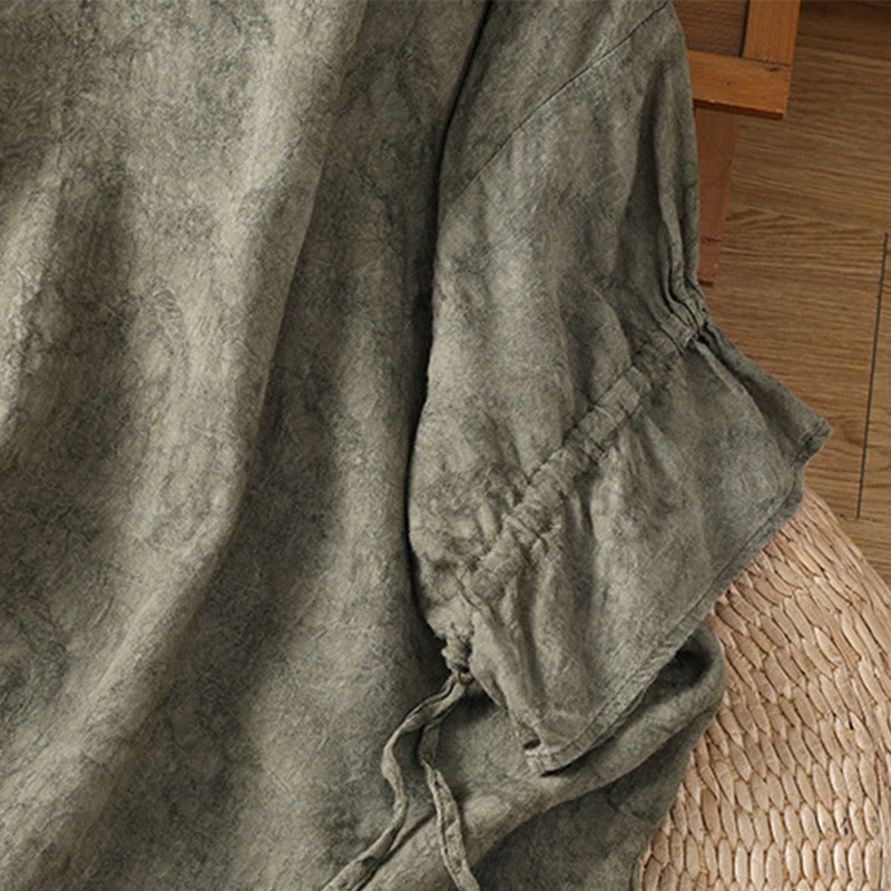 Buddha Stones Casual Retro Solid Color Crew Neck Design Drawstring Half Sleeve Cotton Polyester Midi Dress  - image 12