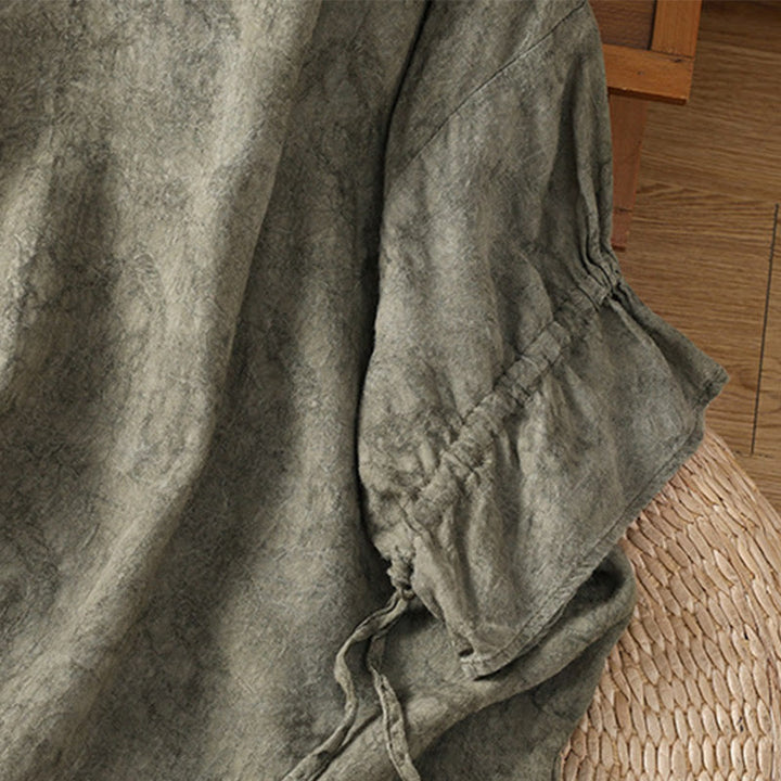 Buddha Stones Casual Retro Solid Color Crew Neck Design Drawstring Half Sleeve Cotton Polyester Midi Dress  - image 12