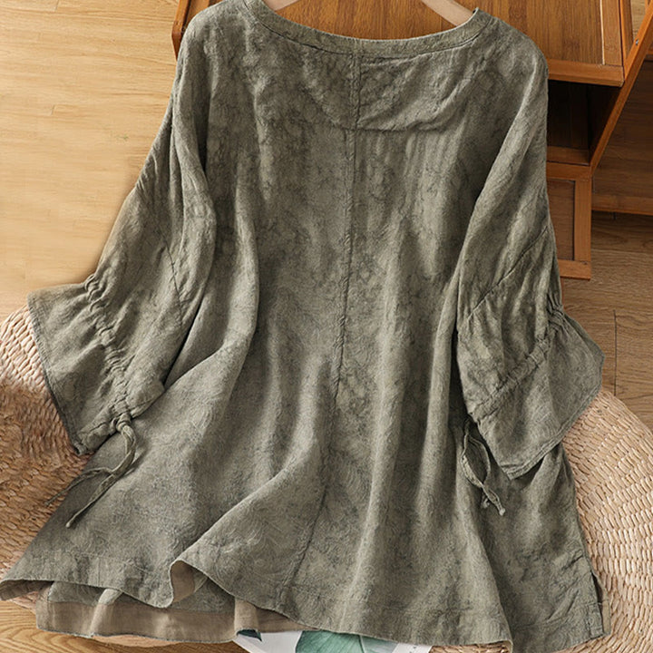 Buddha Stones Casual Retro Solid Color Crew Neck Design Drawstring Half Sleeve Cotton Polyester Midi Dress  - image 10