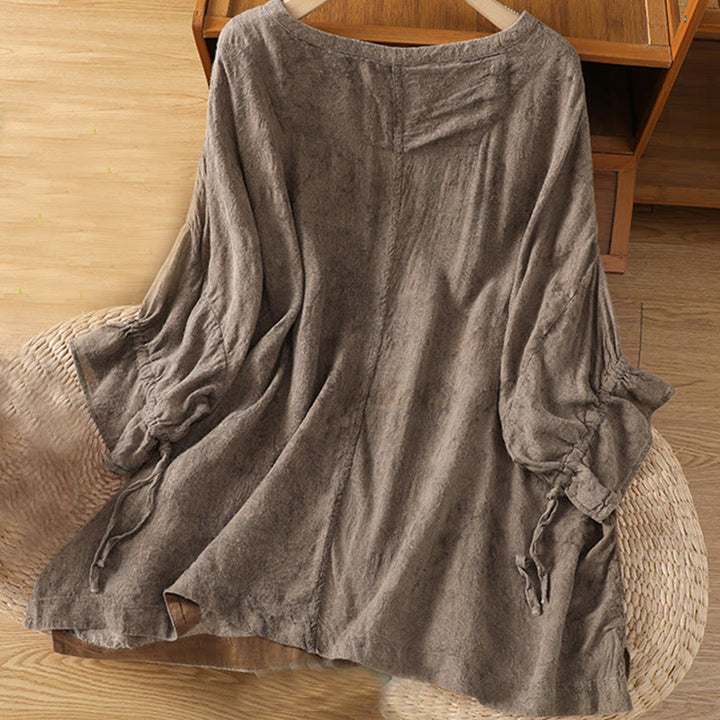 Buddha Stones Casual Retro Solid Color Crew Neck Design Drawstring Half Sleeve Cotton Polyester Midi Dress  - image 16
