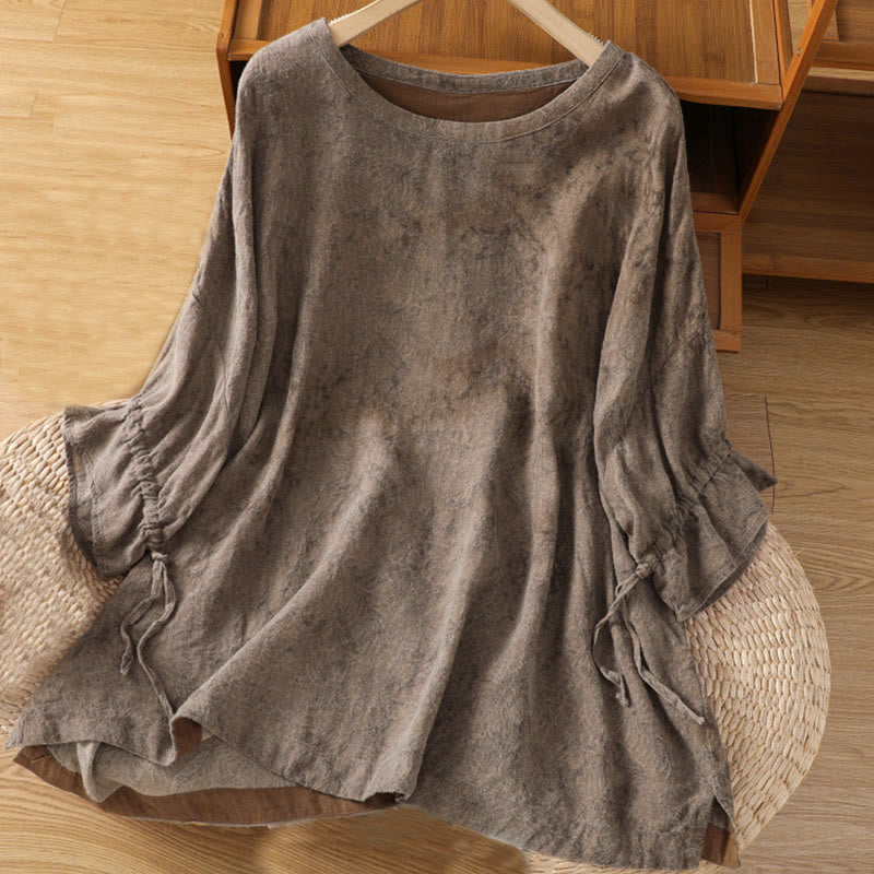 Buddha Stones Casual Retro Solid Color Crew Neck Design Drawstring Half Sleeve Cotton Polyester Midi Dress  - Sienna - US14，UK/AU18，EU46 (2XL) - image 15