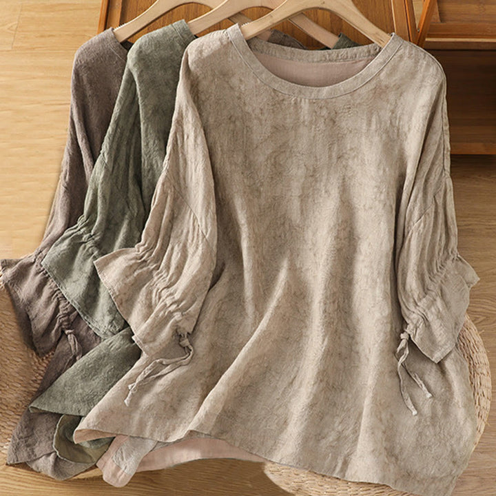 Buddha Stones Casual Retro Solid Color Crew Neck Design Drawstring Half Sleeve Cotton Polyester Midi Dress  - image 21