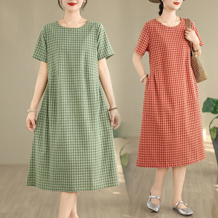 Buddha Stones Retro Solid Color Plaid Pattern Crew Neck Short Sleeve Cotton Linen Midi Dress With Pockets - image 16
