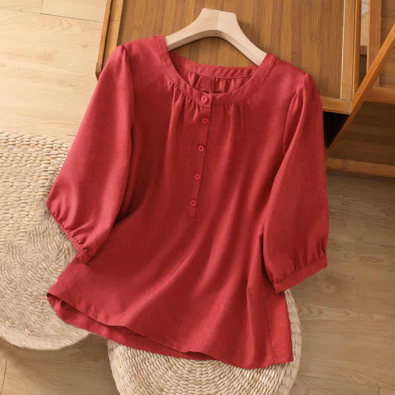 Buddha Stones Plain Button Crew Neck Design Women's Cotton Linen Three Quarter Sleeve Shirt - FireBrick - US14，UK/AU18，EU46 (2XL) - image 0
