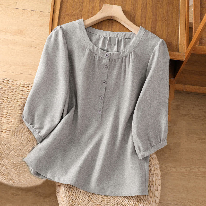 Buddha Stones Plain Button Crew Neck Design Women's Cotton Linen Three Quarter Sleeve Shirt - SkyBlue - US14，UK/AU18，EU46 (2XL) - image 3