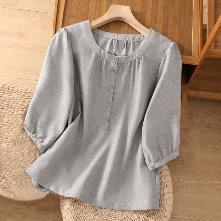 Buddha Stones Plain Button Crew Neck Design Women's Cotton Linen Three Quarter Sleeve Shirt - SkyBlue - US14，UK/AU18，EU46 (2XL) - image 3