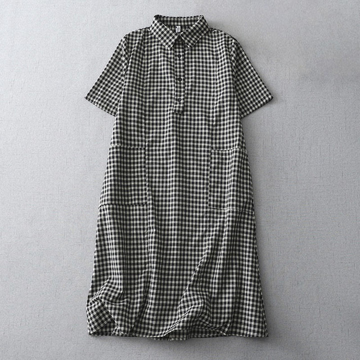 Buddha Stones Casual Vintage Plaid Pattern Lapel Short Sleeve Cotton Midi Dress With Pockets - Black - US8-10，UK/AU12-14，EU40-42 (2XL) - image 0