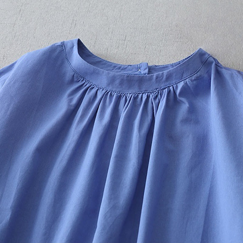 Buddha Stones Casual Pure Color Back Buttons Design Crew Neck Short Sleeve Cotton Linen Midi Dress With Pockets - image 12