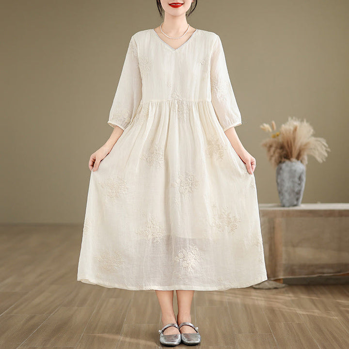 Buddha Stones Beige Casual Embroidery Three Quarter Sleeve Cotton Linen Midi Dress With Pockets - image 3