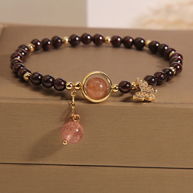 Buddha Stones Natural 3mm Ultra-thin Garnet Strawberry Quartz Butterfly Calm Bracelet - Garnet(Wrist Circumference 14-16cm) - image 0
