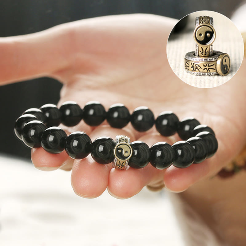 Buddha Stones Black Obsidian Yin Yang Nine-Character Mantra Fulfilment Bracelet - image 2