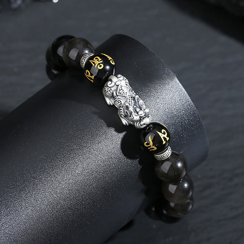 Buddha Stones 999 Sterling Silver PiXiu Natural Black Obsidian Strength Bracelet - image 1