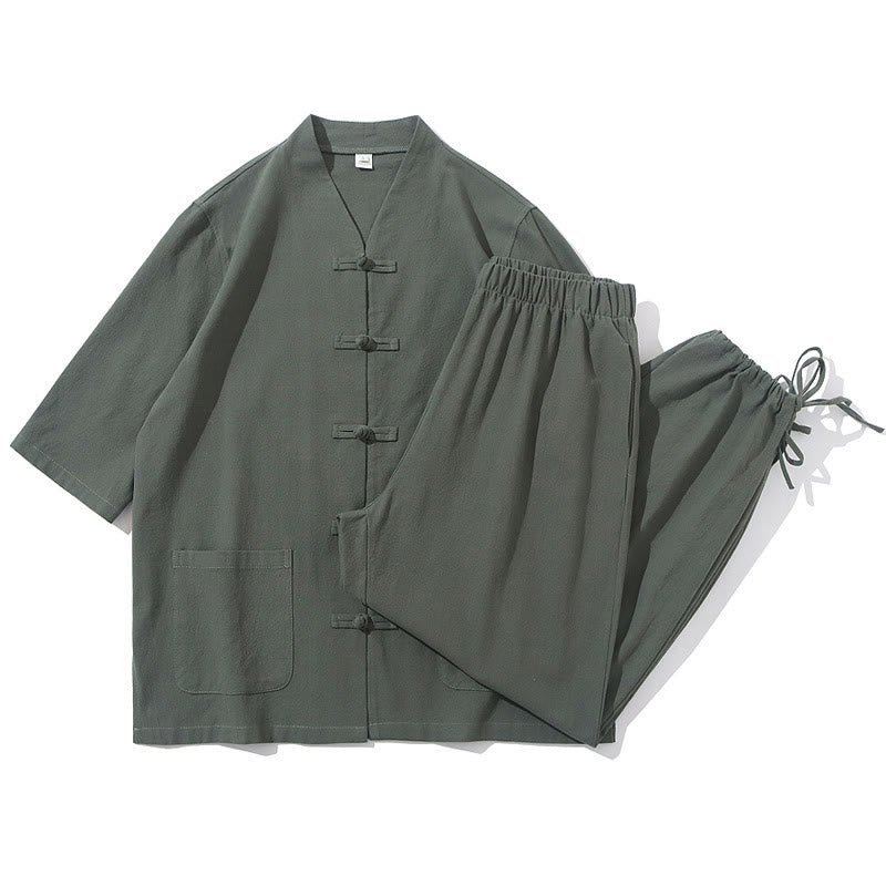 Buddha Stones 2Pcs Tang Suit Frog-Button Design Shirt Pants With Pockets Men's Cotton Linen Meditation Cloth Set - image 12