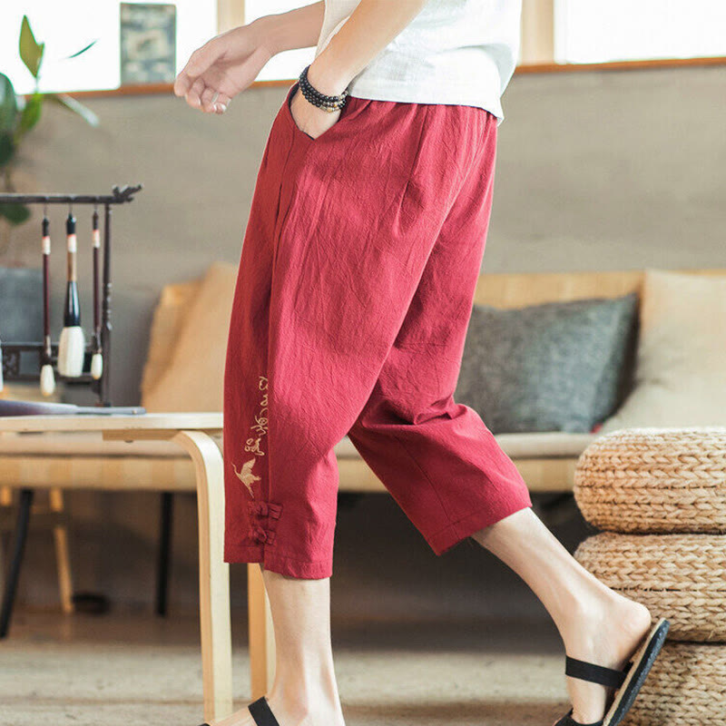 Buddha Stones Crane Embroidery Cotton Men's Cropped Harem Pants With Pockets - image 33