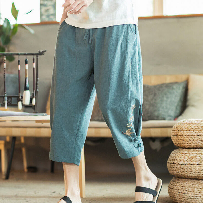 Buddha Stones Crane Embroidery Cotton Men's Cropped Harem Pants With Pockets - image 1