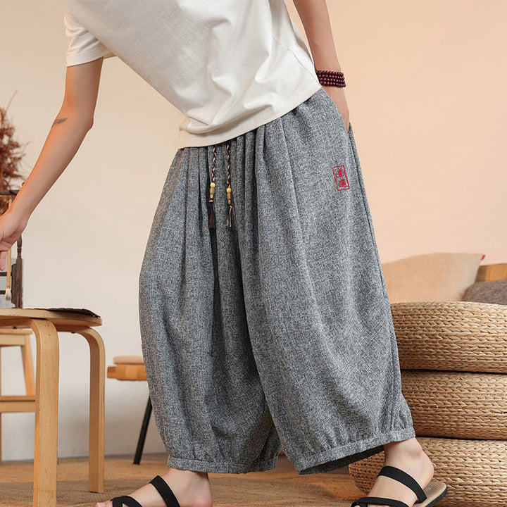 Buddha Stones Summer Characters Embroidery Drawstring Men's Cropped Ankle-Length Harem Pants With Pockets - image 5