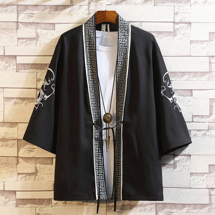 Buddha Stones Embroidery Dragon Phoenix Auspicious Cloud Waves Leaves Cranes Open Front Jacket Men's Kimono - White Dragon Stripes-Black - US/UK/AU46，EU56 (5XL) - image 0