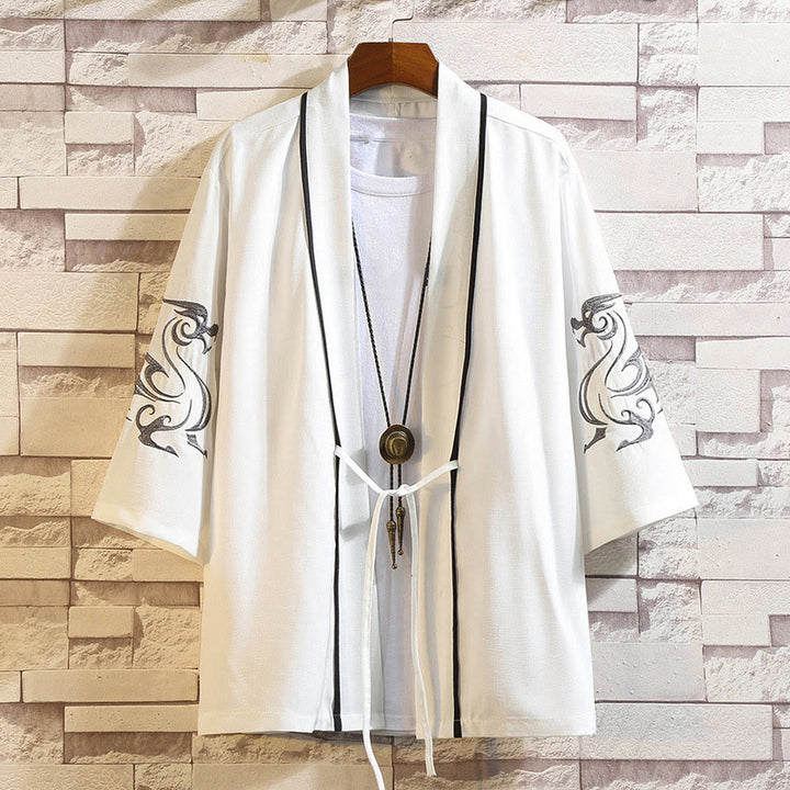 Buddha Stones Embroidery Dragon Phoenix Auspicious Cloud Waves Leaves Cranes Open Front Jacket Men's Kimono - White Dragon-White - US/UK/AU46，EU56 (5XL) - image 8