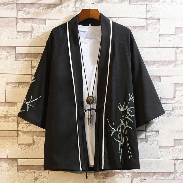 Buddha Stones Embroidery Dragon Phoenix Auspicious Cloud Waves Leaves Cranes Open Front Jacket Men's Kimono - Leaves-Black - US/UK/AU46，EU56 (5XL) - image 14