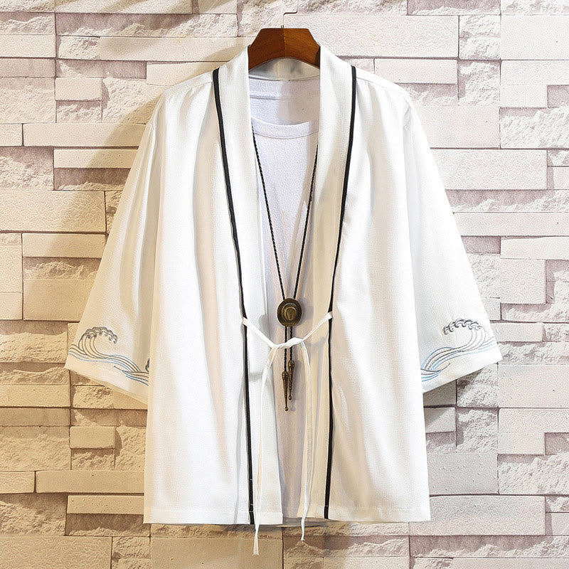 Buddha Stones Embroidery Dragon Phoenix Auspicious Cloud Waves Leaves Cranes Open Front Jacket Men's Kimono - Ocean Waves-White - US/UK/AU46，EU56 (5XL) - image 39