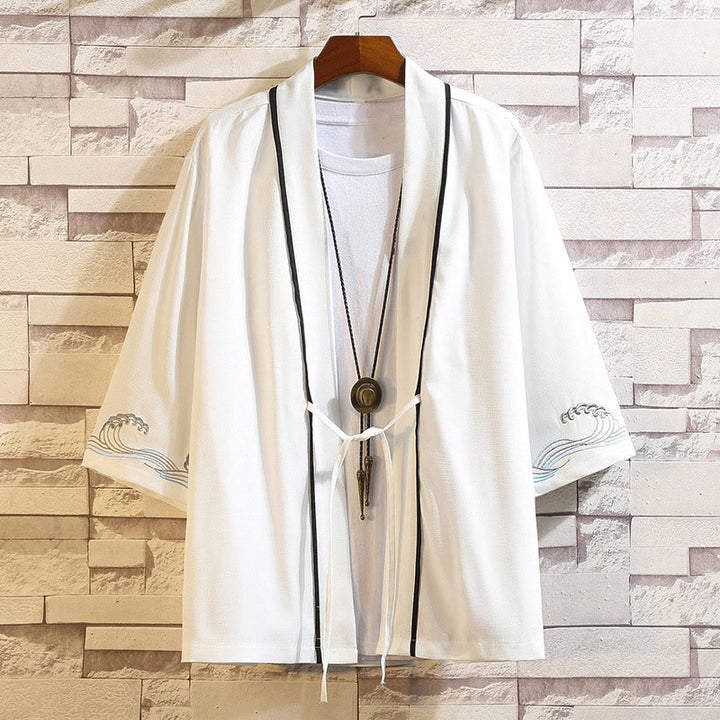 Buddha Stones Embroidery Dragon Phoenix Auspicious Cloud Waves Leaves Cranes Open Front Jacket Men's Kimono - Ocean Waves-White - US/UK/AU46，EU56 (5XL) - image 39