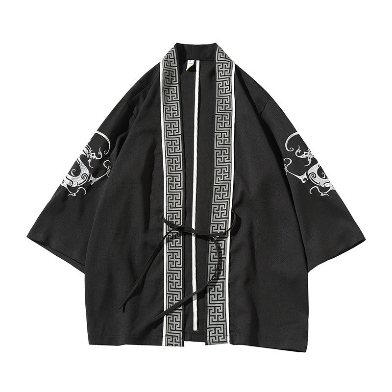 Buddha Stones Embroidery Dragon Phoenix Auspicious Cloud Waves Leaves Cranes Open Front Jacket Men's Kimono - image 2