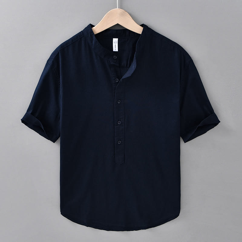 Buddha Stones Summer Solid Color Men's Half Button Short Sleeve Cotton Linen Shirt - MidnightBlue - US/UK/AU42，EU52 (3XL) - image 15