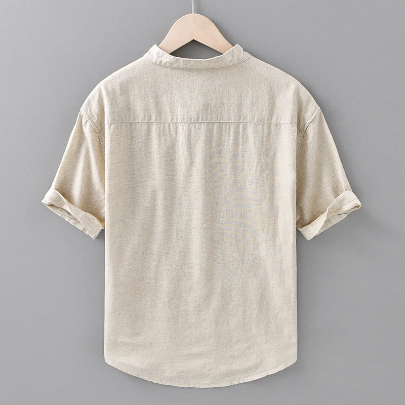 Buddha Stones Summer Solid Color Men's Half Button Short Sleeve Cotton Linen Shirt - image 2