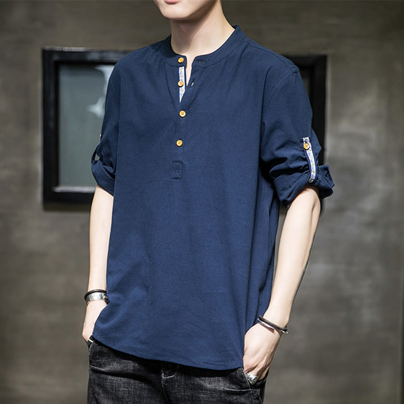 Buddha Stones Summer Solid Men's Half Buttons Half Sleeve Linen Shirt - SteelBlue - US/UK/AU46，EU56 (5XL) - image 17