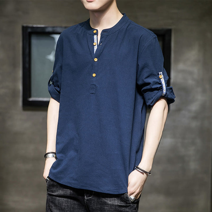 Buddha Stones Summer Solid Men's Half Buttons Half Sleeve Linen Shirt - SteelBlue - US/UK/AU46，EU56 (5XL) - image 17