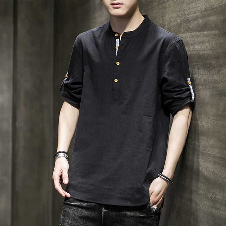 Buddha Stones Summer Solid Men's Half Buttons Half Sleeve Linen Shirt - Black - US/UK/AU46，EU56 (5XL) - image 8