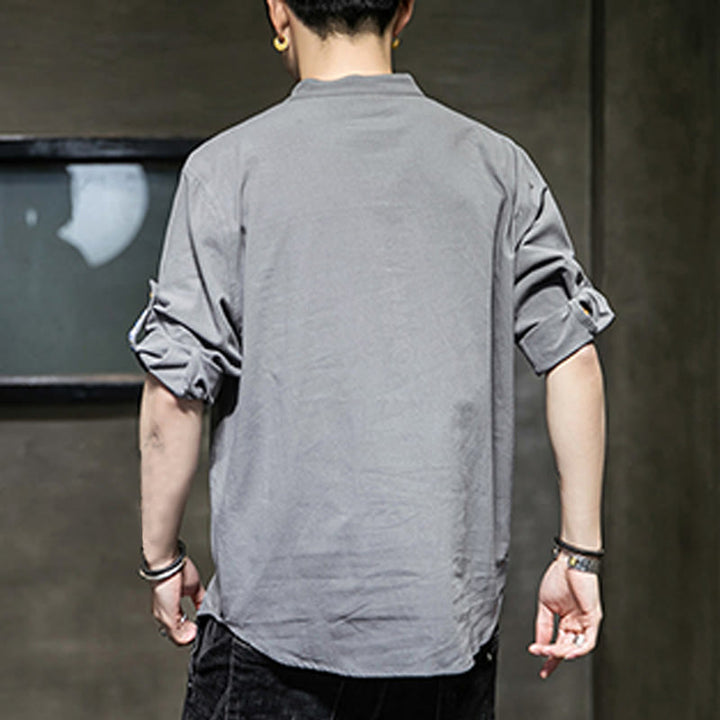 Buddha Stones Summer Solid Men's Half Buttons Half Sleeve Linen Shirt - image 2