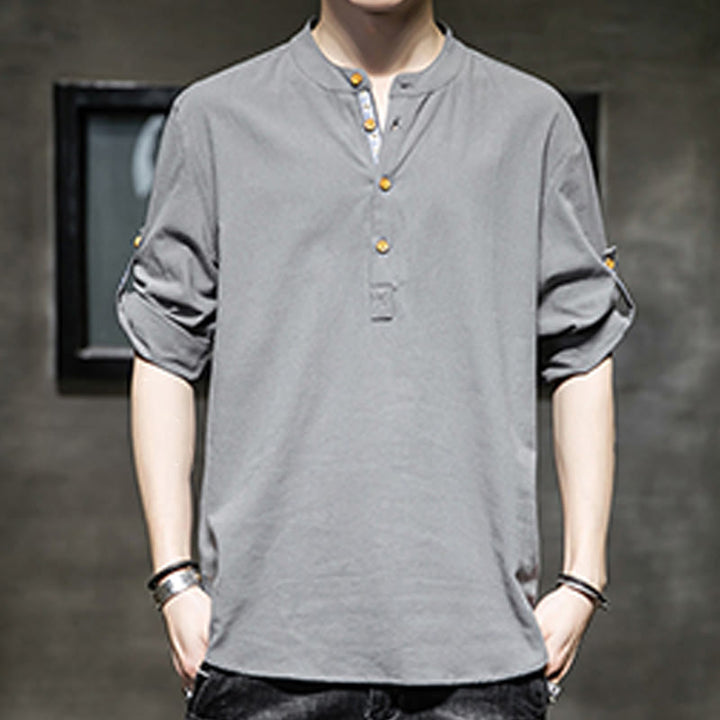 Buddha Stones Summer Solid Men's Half Buttons Half Sleeve Linen Shirt - image 5