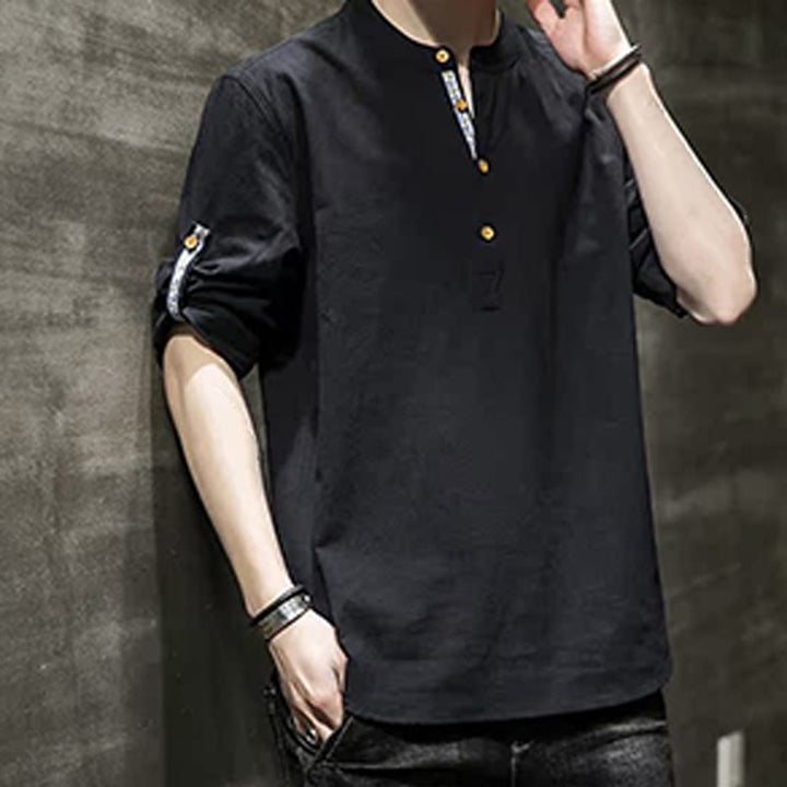 Buddha Stones Summer Solid Men's Half Buttons Half Sleeve Linen Shirt - image 15