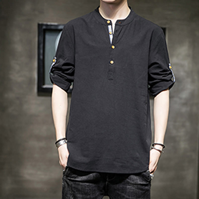 Buddha Stones Summer Solid Men's Half Buttons Half Sleeve Linen Shirt - image 13