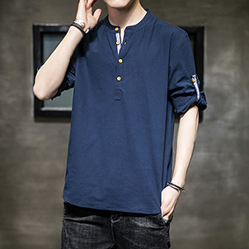 Buddha Stones Summer Solid Men's Half Buttons Half Sleeve Linen Shirt - image 24