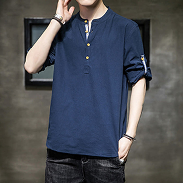 Buddha Stones Summer Solid Men's Half Buttons Half Sleeve Linen Shirt - image 24
