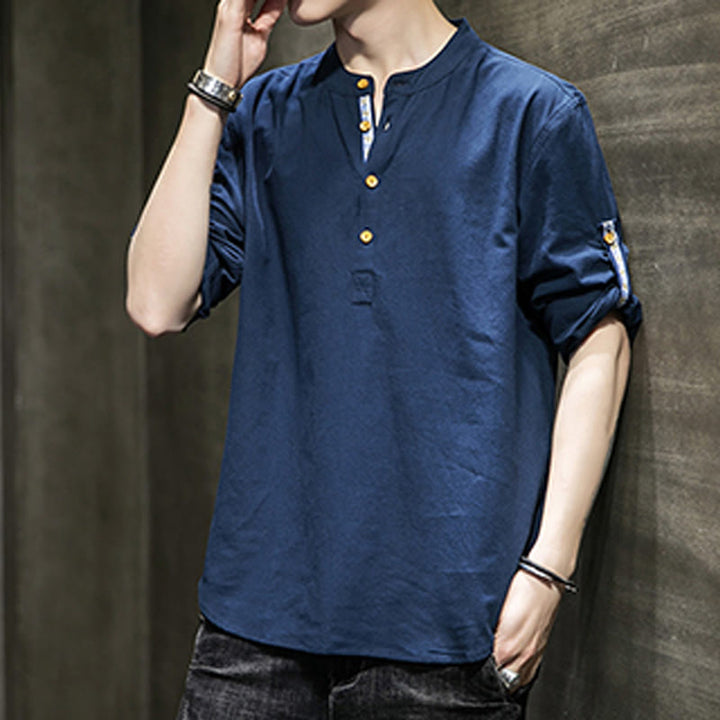 Buddha Stones Summer Solid Men's Half Buttons Half Sleeve Linen Shirt - image 21