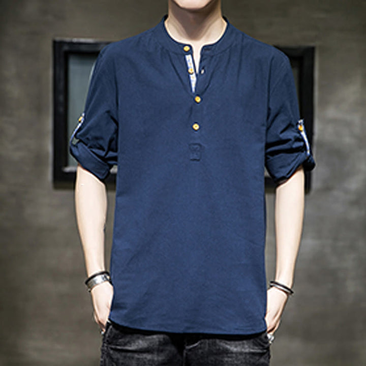 Buddha Stones Summer Solid Men's Half Buttons Half Sleeve Linen Shirt - image 23